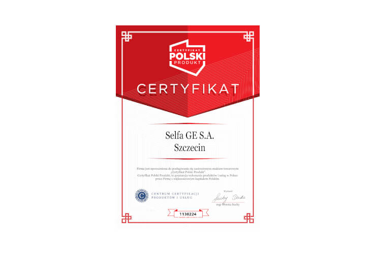 Certyfikat Produkt Polski dla SELFA GE S.A.