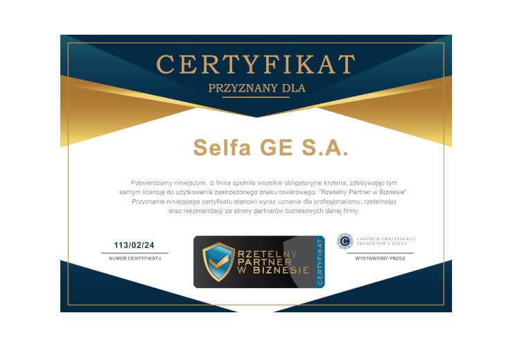 Certyfikat Rzetelny Partner w Biznesie dla SELFA GE S.A.
